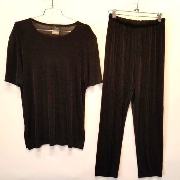 Vintage 80's Black Slinky 2 Piece Pant & Blouse Retro Throwback Size S - Picture 1 of 10